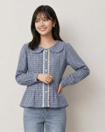 S-XL ライトブルーチェックのドールカラーウエストシェイプシャツ