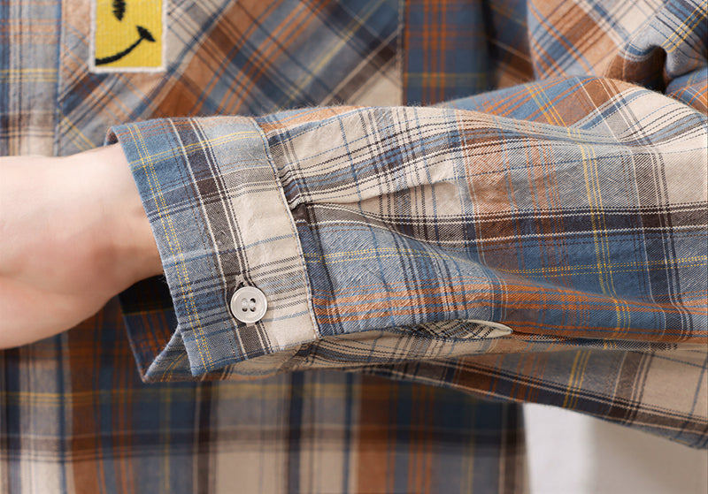 【秋新作】M~2XL ゆったりチェック柄シングルポケットシャツ