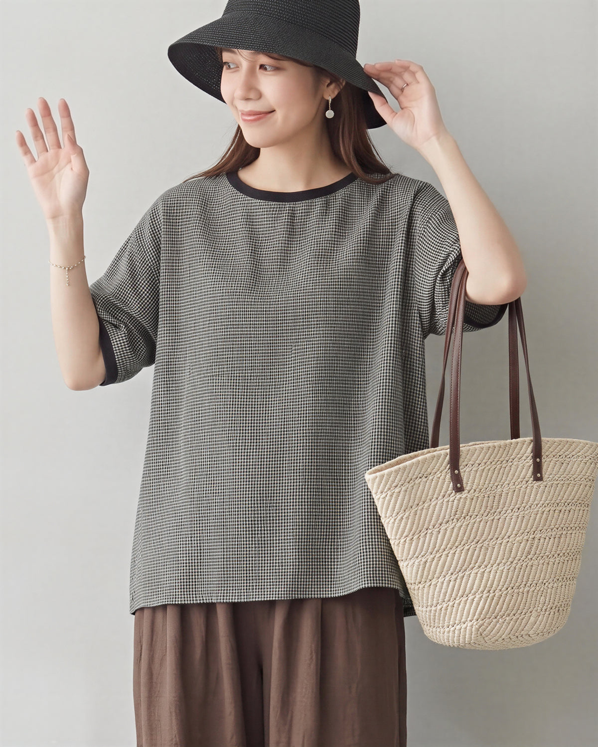 M-2XL ゆったりドロップショルダー チェックプルオーバー