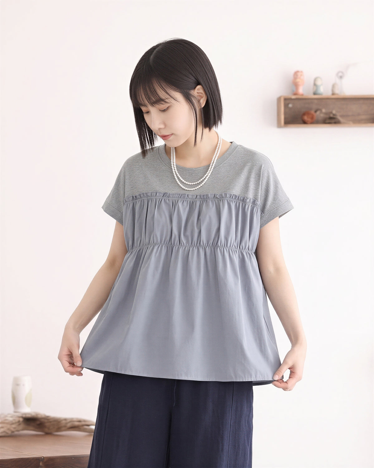 切り替えギャザー入り ゆったりTシャツ-シルバー-FREE