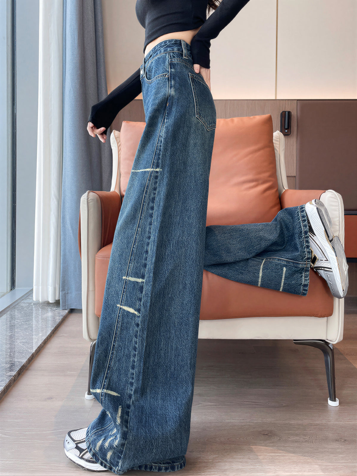 ハイウエスト ワイドレッグ フロアレングス デニムパンツ