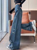 ハイウエスト ワイドレッグ フロアレングス デニムパンツ