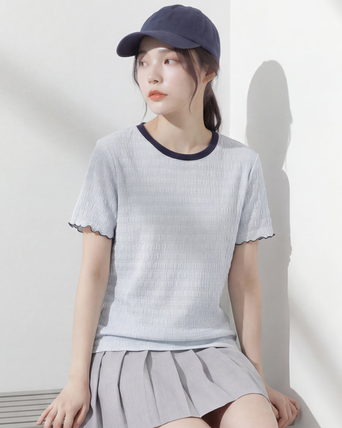 ライトブルー 配色ラウンドネック 波柄テクスチャーTシャツ-サックス-2XL