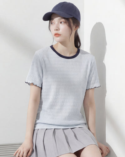 ライトブルー 配色ラウンドネック 波柄テクスチャーTシャツ-サックス-2XL