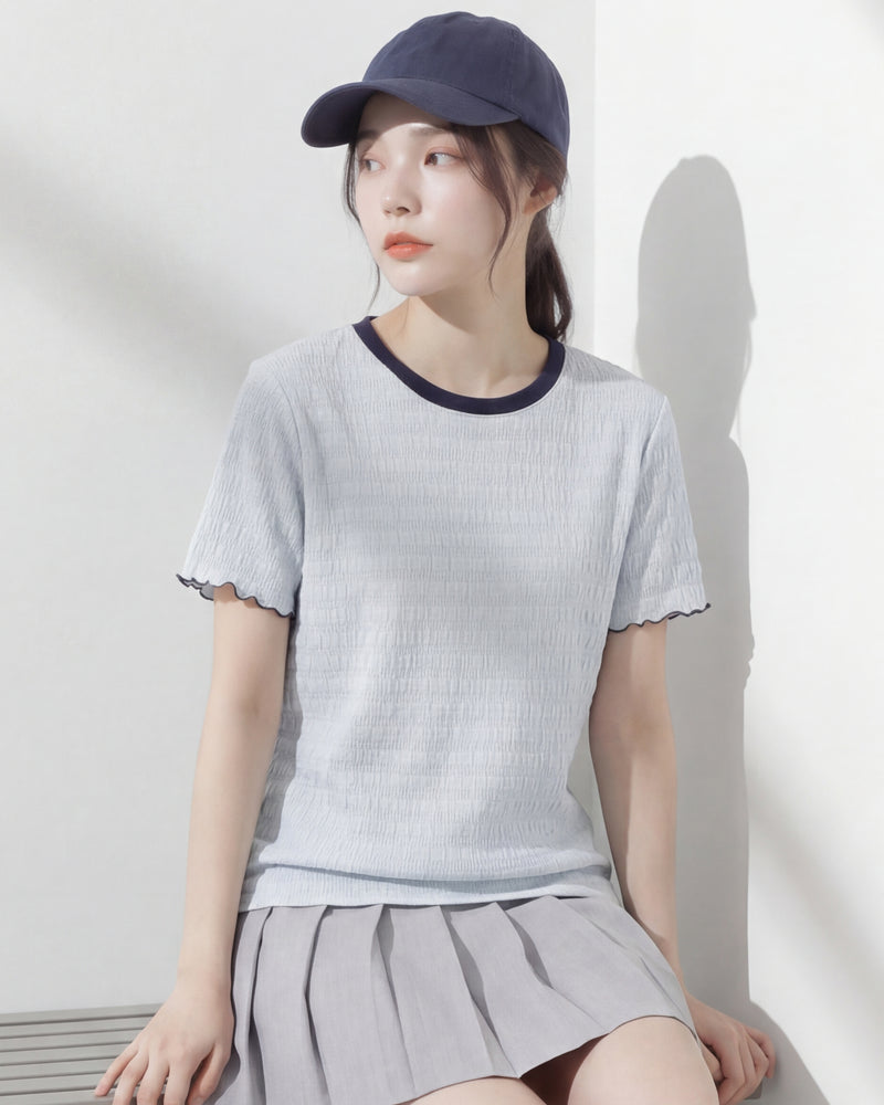 ライトブルー 配色ラウンドネック 波柄テクスチャーTシャツ-サックス-2XL