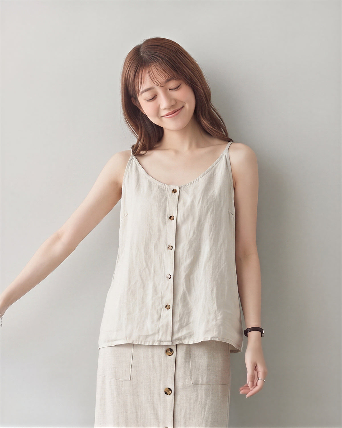 細ストラップ フロントボタン ゆったり キャミソールタンク-アイボリー-3XL