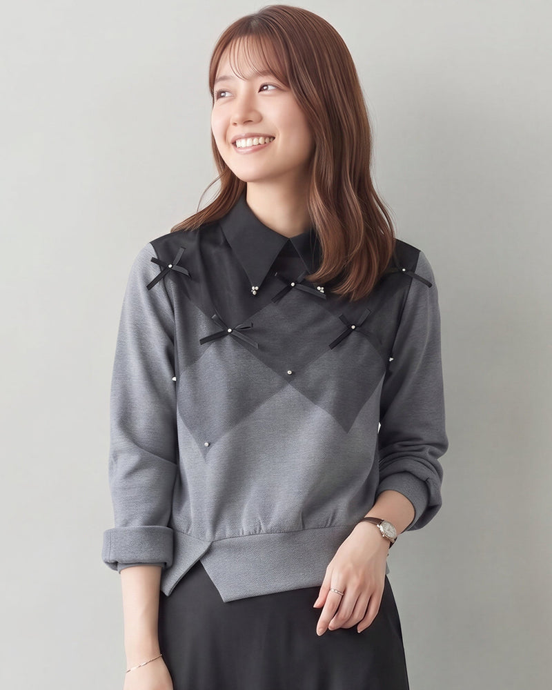 【秋新作】S~XL ダイヤ柄切り替え リボン付き 襟付き フェイクレイヤード スウェット