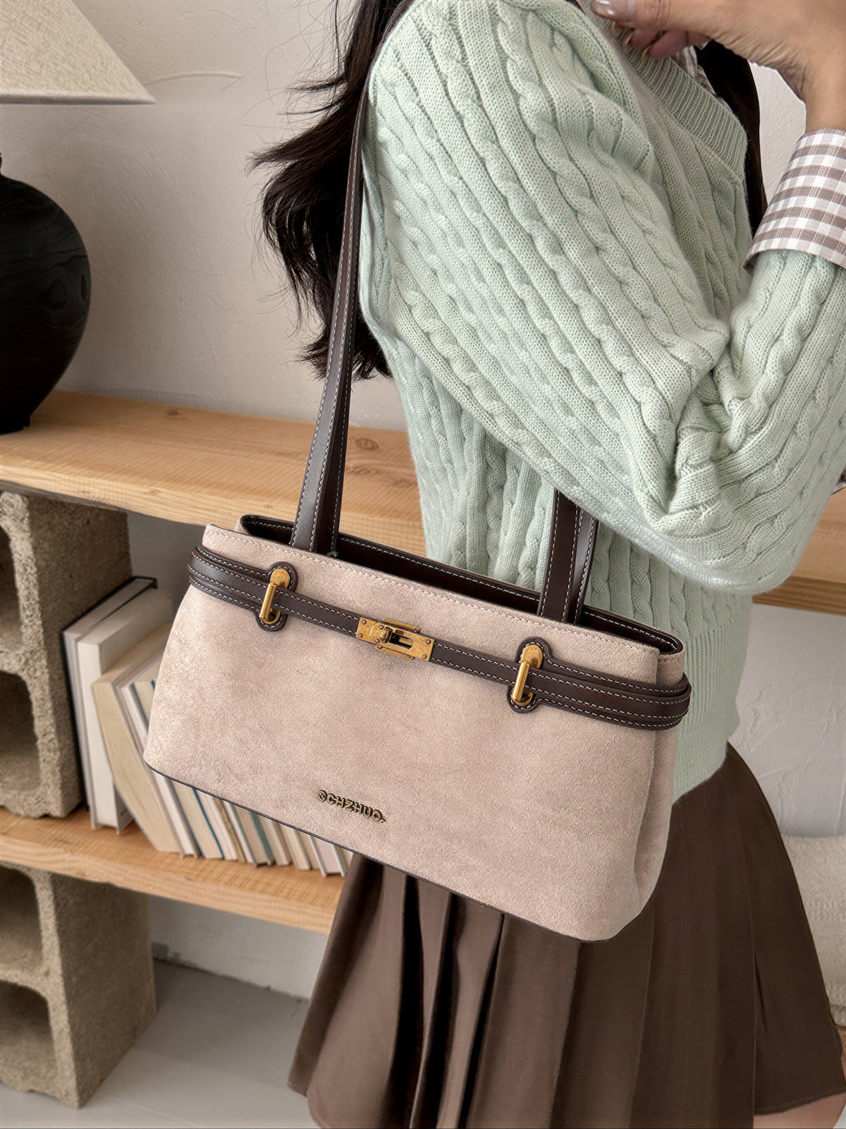 【全4色】レトロ金具 配色ステッチ ロングショルダーストラップ 脇下バッグ
