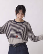 ゆったりドロップショルダー・ブラック×ホワイトボーダー・切り替え長袖ニット