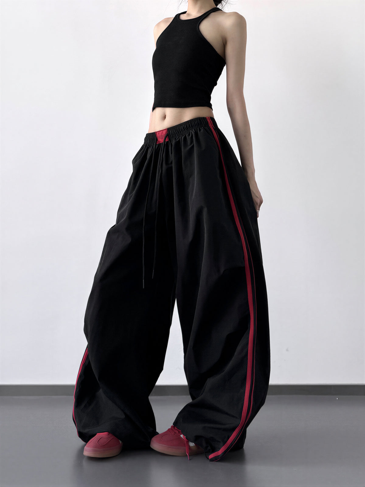 S-XL ドローストリング付きウエストゴム 配色ステッチワイドパンツ