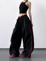 S-XL ドローストリング付きウエストゴム 配色ステッチワイドパンツ