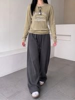 【全4色】M~XL ハイウエスト ドローストリング 裾だまりワイドパンツ