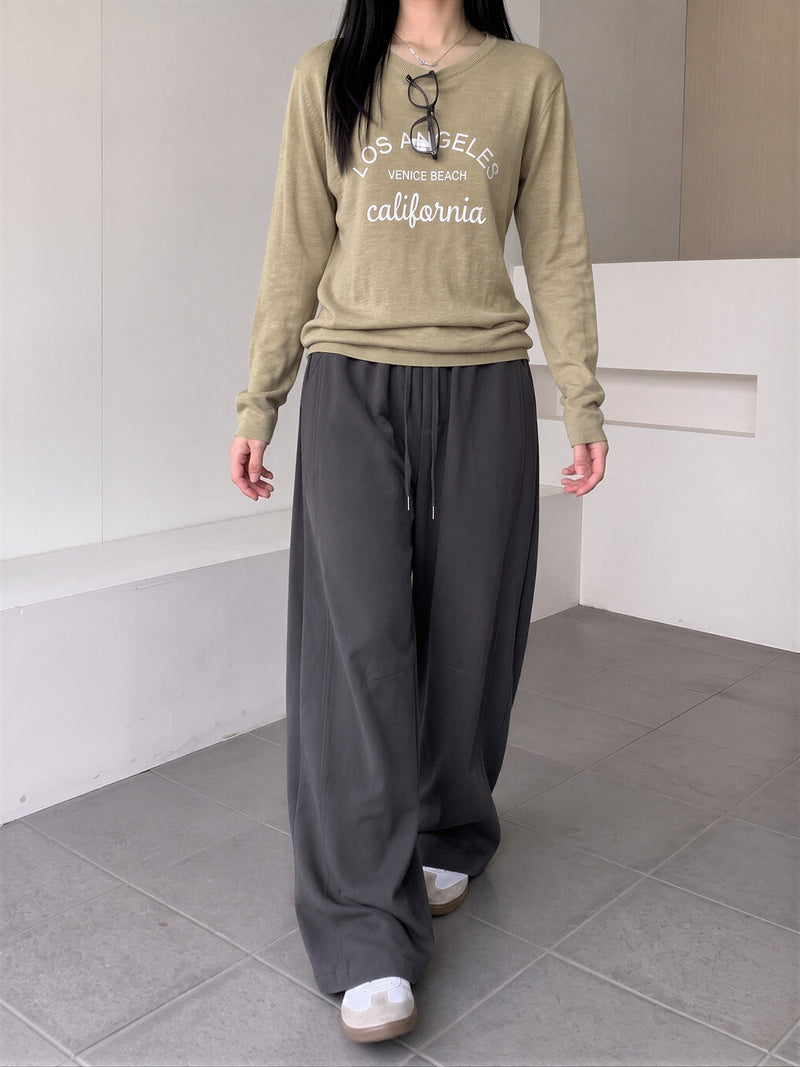 【全4色】M~XL ハイウエスト ドローストリング 裾だまりワイドパンツ