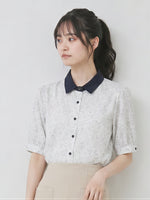 配色カラー 襟付き 小花柄 半袖シャツ