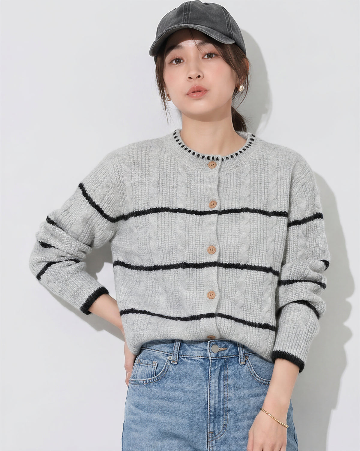 S~XL ラウンドネック ボーダーニットカーディガン
