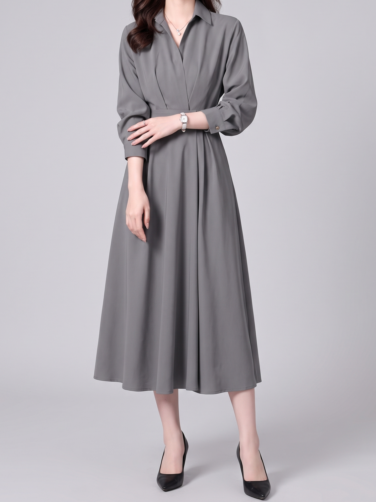 ウエストシェイプ タック入り シャツカラーワンピース-グレー-XL