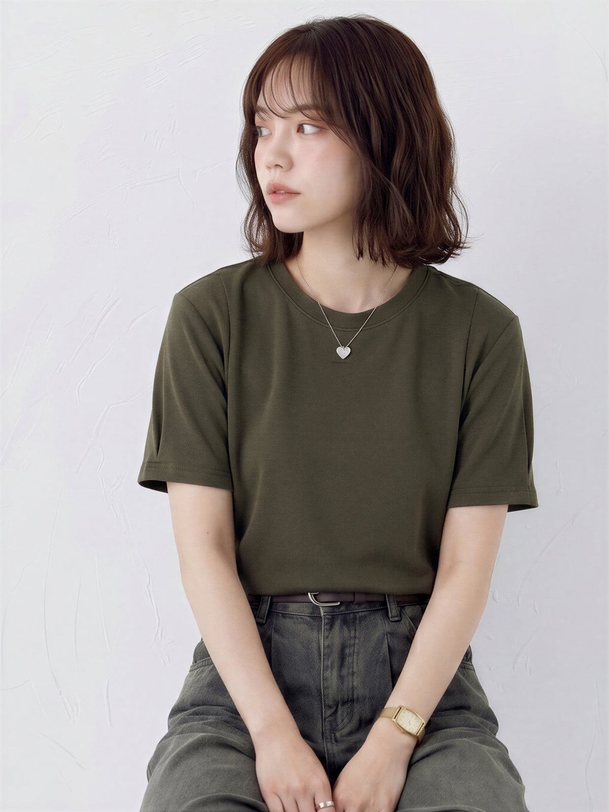 クルーネック すっきりライン 半袖Tシャツ-カーキ-L