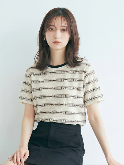配色クルーネック ジャカードボーダーTシャツ