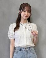 フリルスタンドカラー レース切替 パフスリーブ 半袖シャツ-ホワイト-2XL