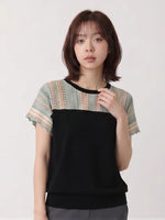 切り替えシアー メローフリル 半袖Tシャツ-ブラック-4XL