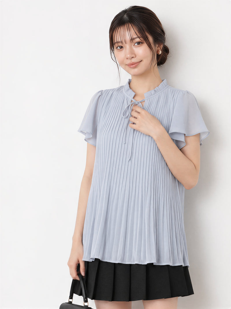 フリルネック リボン付き プリーツ シフォンブラウス-ブルー-4XL