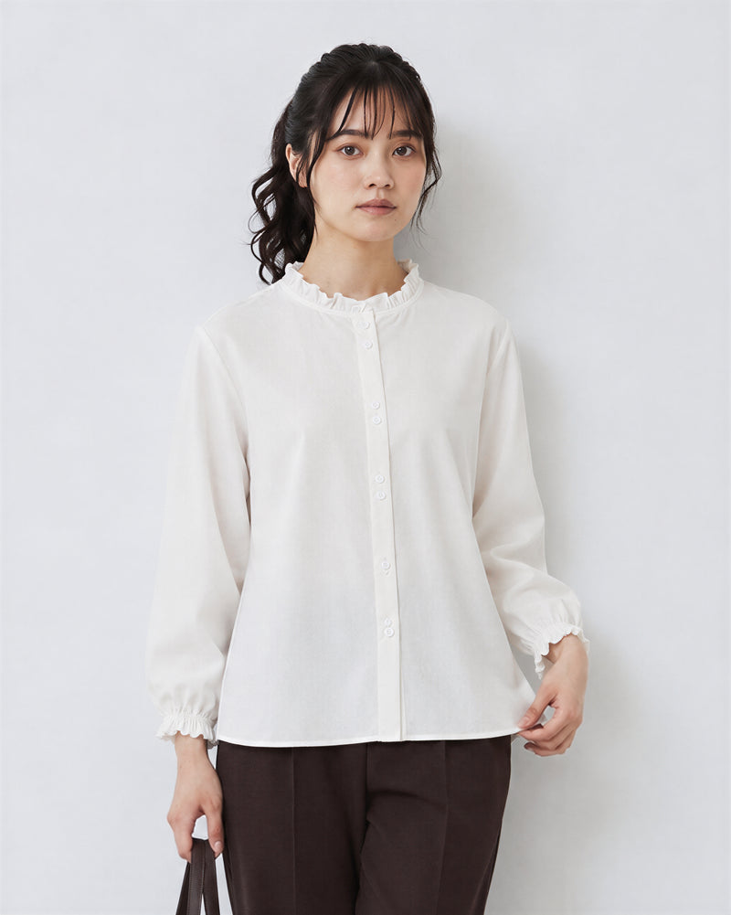 フリルスタンドカラーストライプシャツ-ホワイト-2XL
