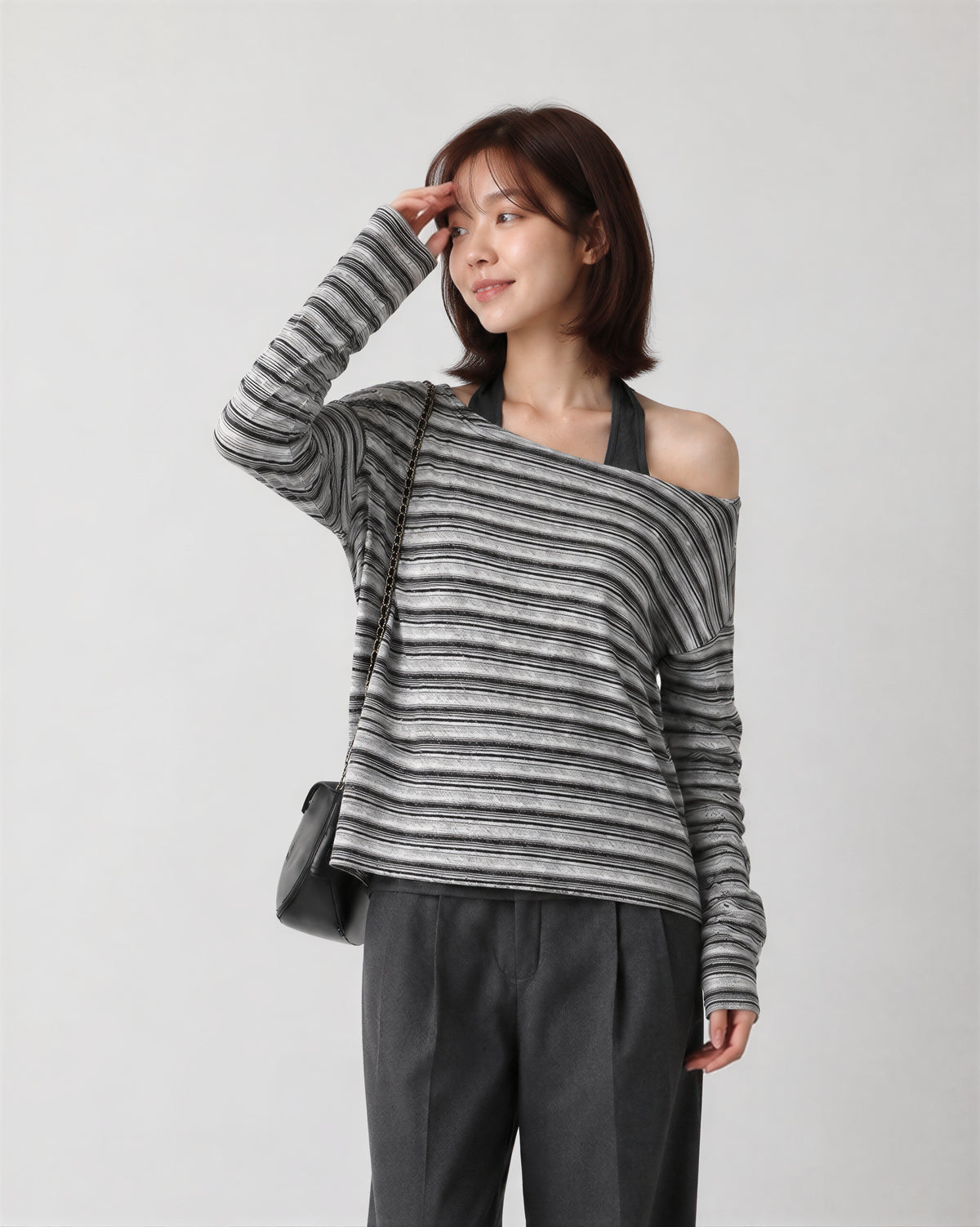 【全2色】S~XL アシンメトリーショルダー 肌見せ ボーダー フェイクレイヤードTシャツ