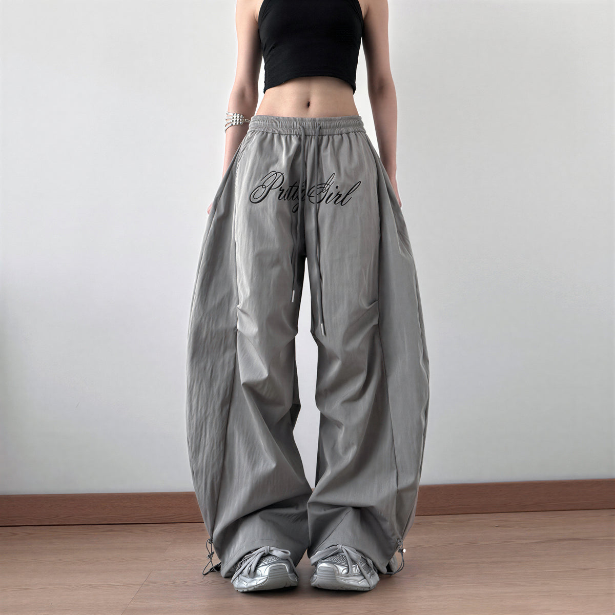 S-XL ウエストゴム ドローストリング ワイドカーゴパンツ