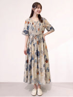 M~2XL ライトベージュ Vネック ウエストリボン 花柄ロングワンピース