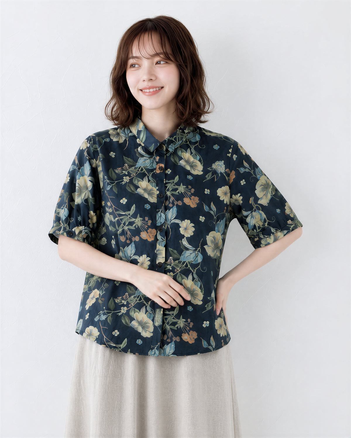 M~2XL レトロフラワープリント ブルーシャツ