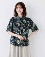 M~2XL レトロフラワープリント ブルーシャツ