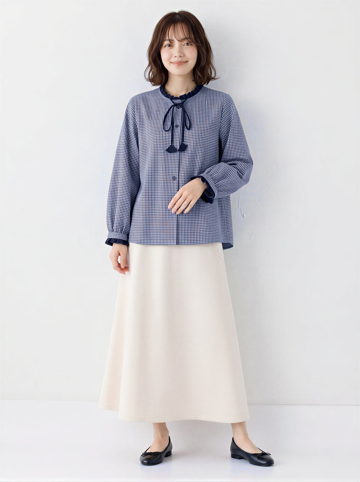 【秋新作】S~2XL フリルネックリボン付きチェックシャツ