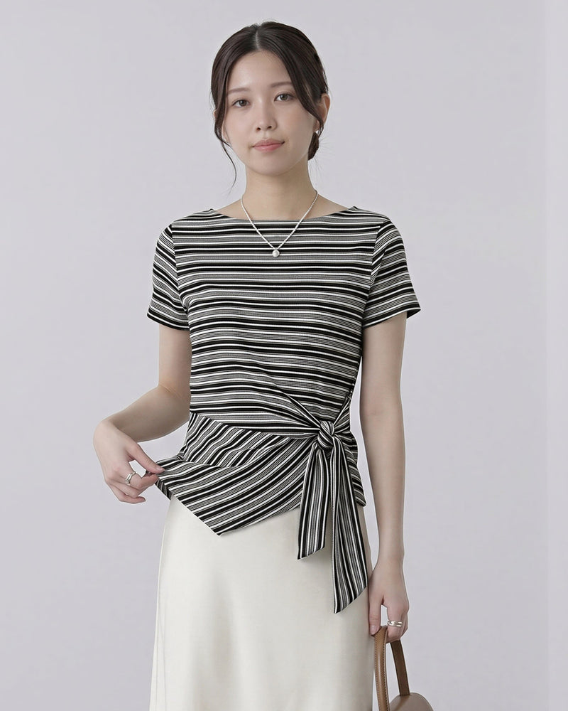ストライプ ウエストリボン アシンメトリー 半袖Tシャツ