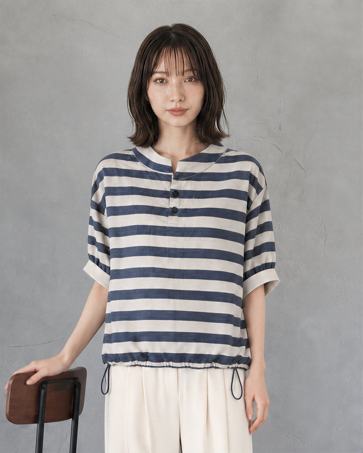 ボーダー スタンドカラー ドローストリング 半袖Tシャツ-ネイビー X アイボリー-XL