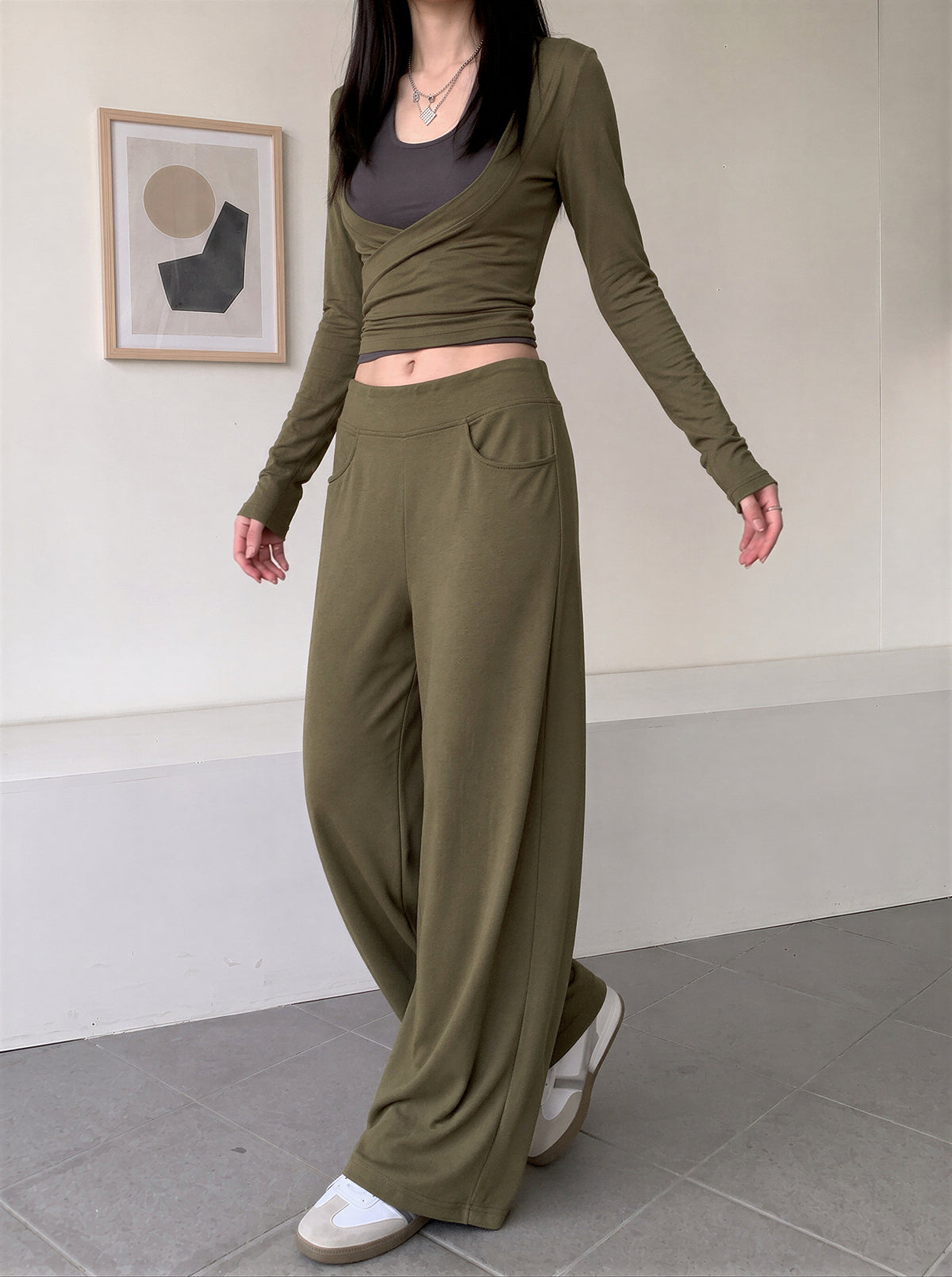 【全3色】S-XL ハイウエスト 落ち感ストレートワイドパンツ