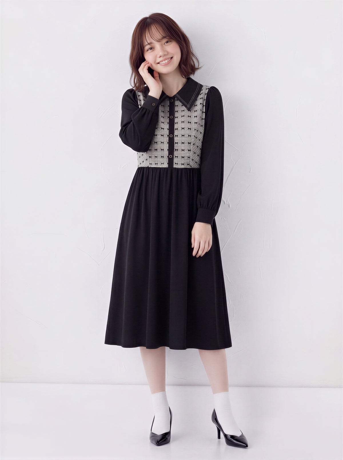 【秋新作】S~XL 切り替えビッグカラー ウエストマーク シャツワンピース