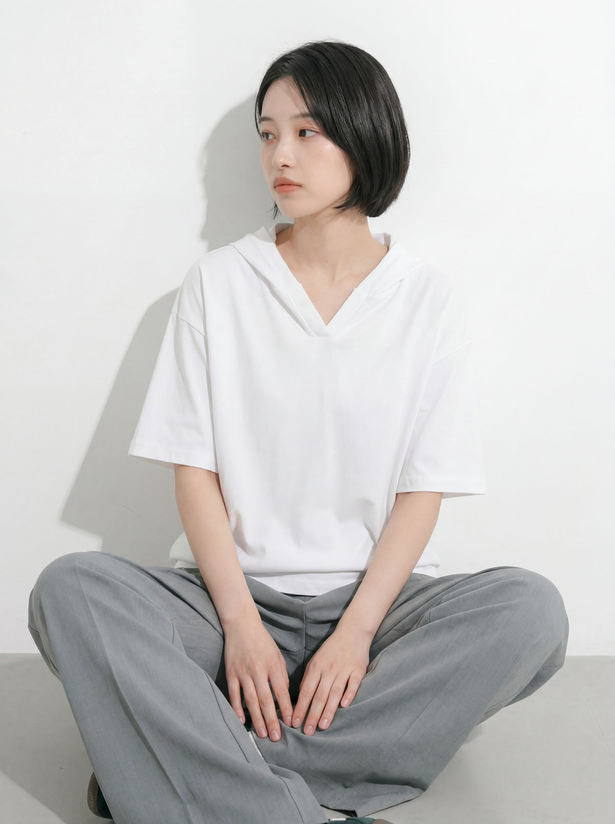 ゆったりドロップショルダー 無地 半袖フーディーTシャツ-ホワイト-3XL