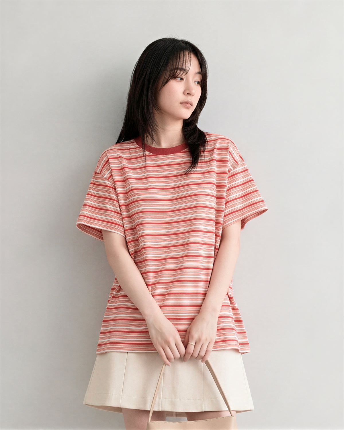 レッドボーダー ルーズ ドロップショルダーTシャツ