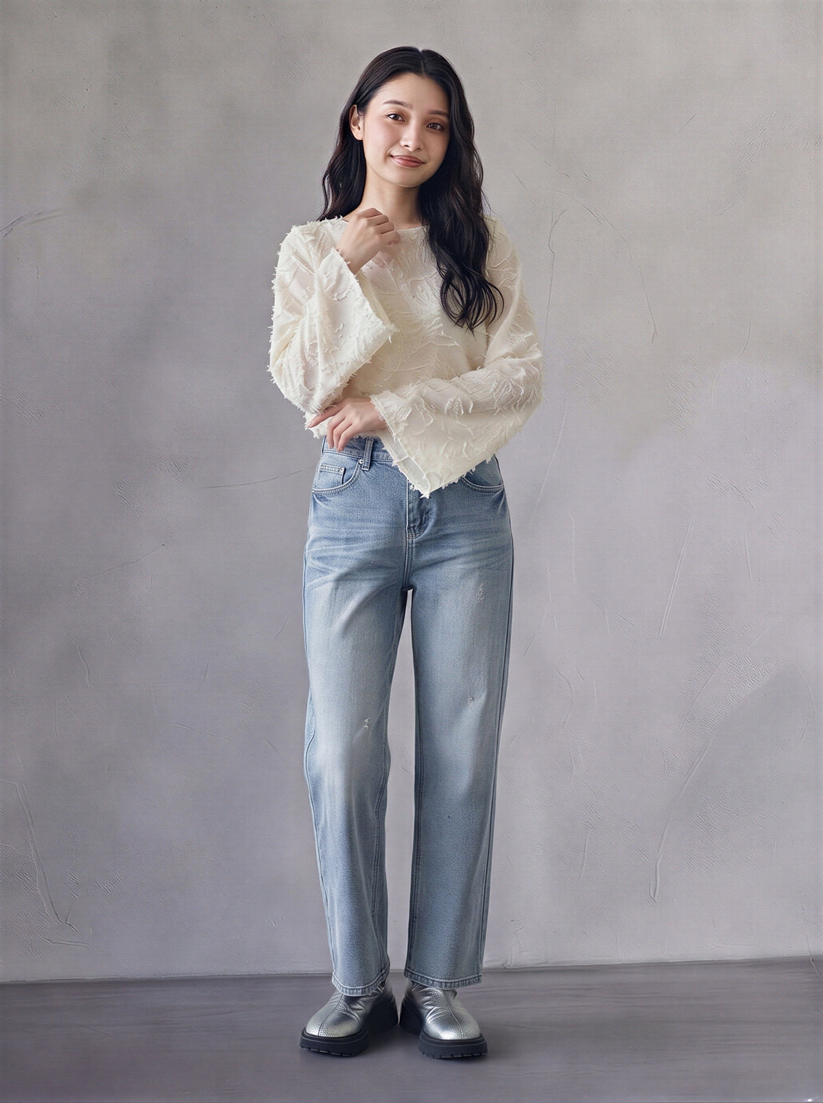 立体ジャカード 透け感ワイドスリーブ シフォンシャツ