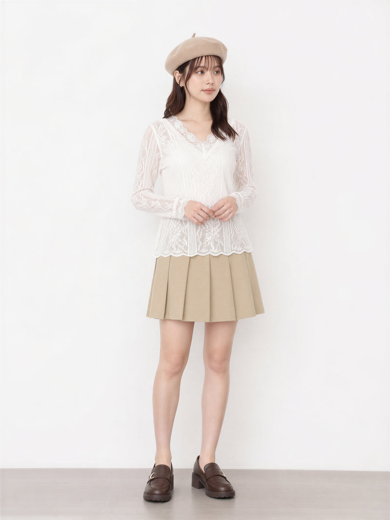 M~4XL Vネック まつげレース スリムレーストップス