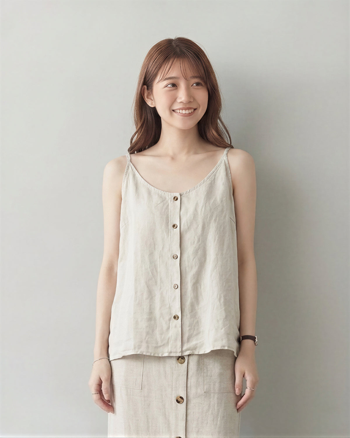 細ストラップ フロントボタン ゆったり キャミソールタンク