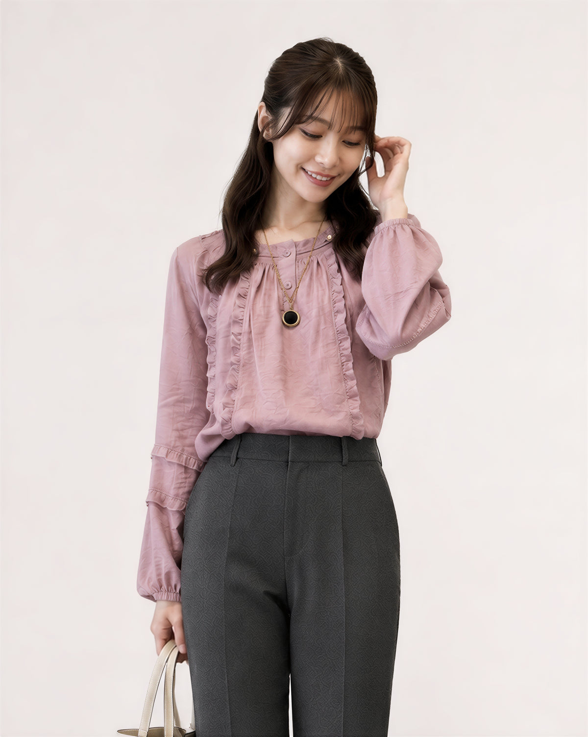 S~XL フリル襟 ラウンドネック バルーンスリーブブラウス