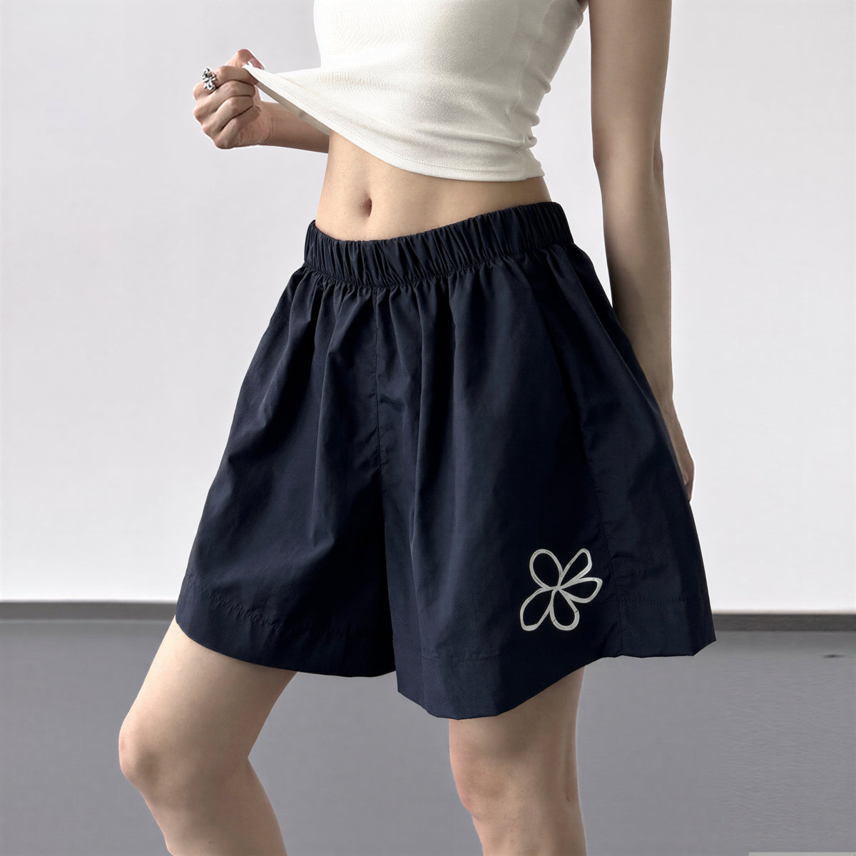 S-2XL ウエストゴム ハイウエスト 花柄プリント ワイドショートパンツ
