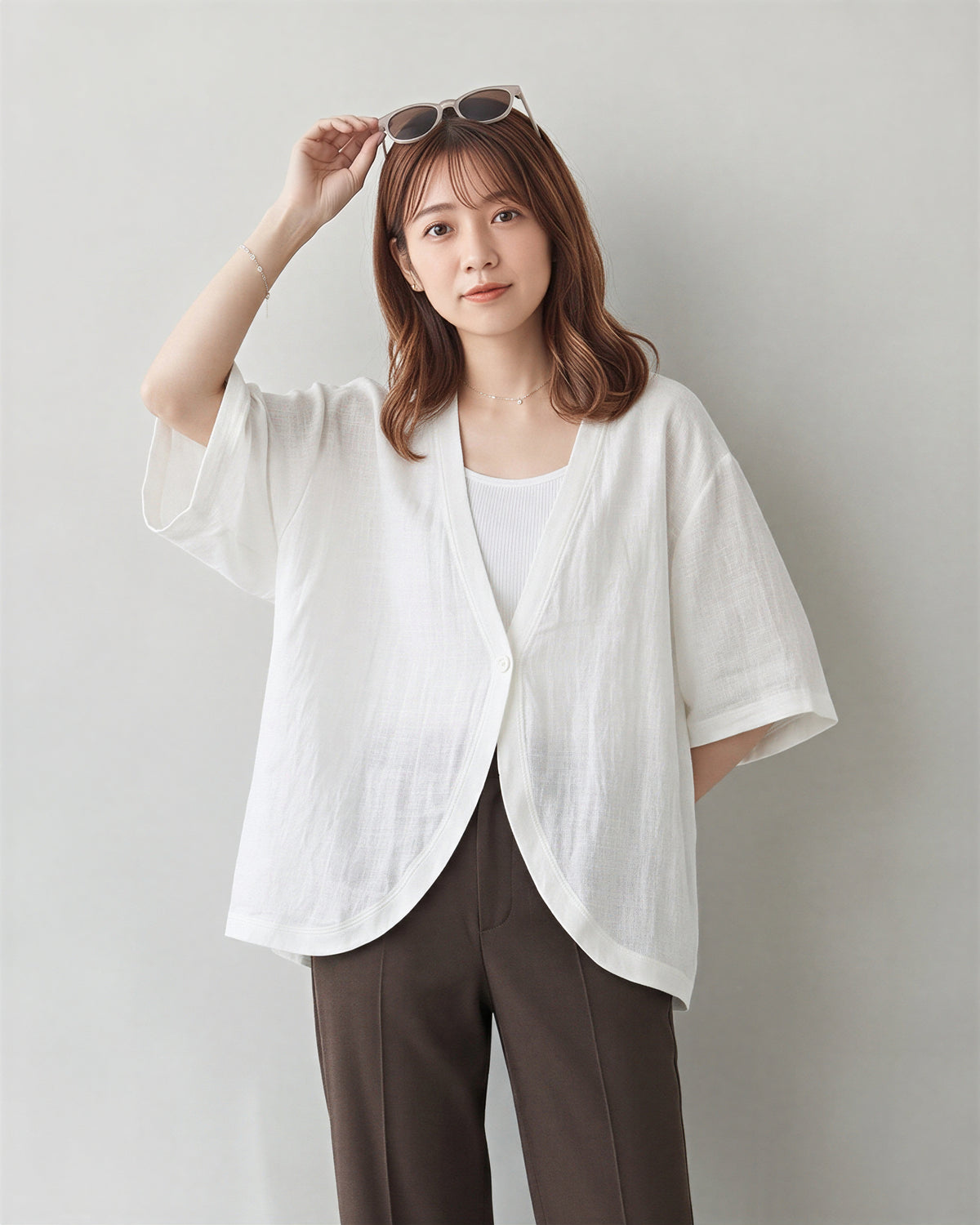 ゆったりバットスリーブ VネックUVカットカーディガン-ホワイト-2XL