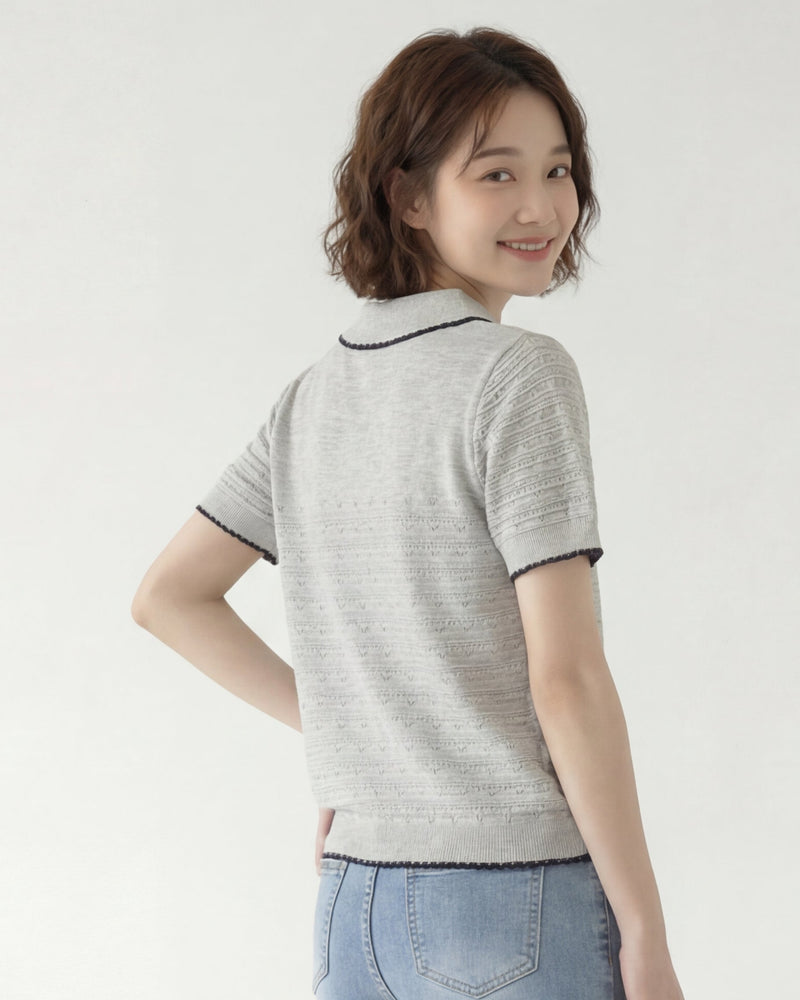 配色パイピングのポロ襟 透かし編み柄 ほどよくシェイプするニットTシャツ