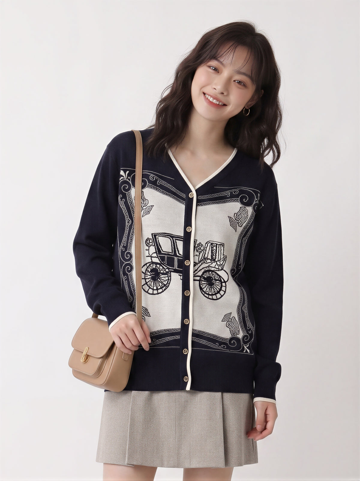 レトロジャカード Vネックニットカーディガン