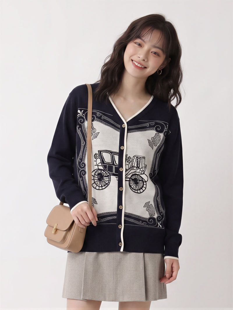 レトロジャカード Vネックニットカーディガン