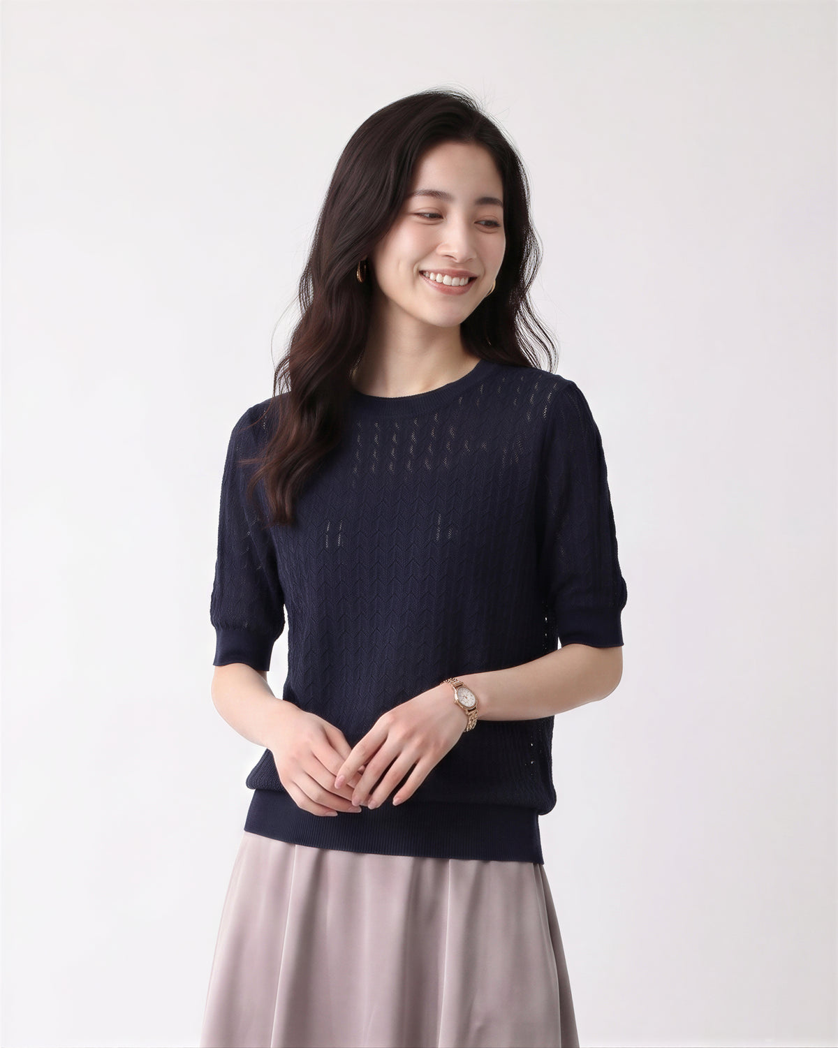 M~XL 透かしジャカード クルーネックニット