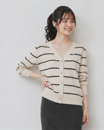 【秋新作】S~2XL Vネック ボーダー 透かし編み ニットカーディガン