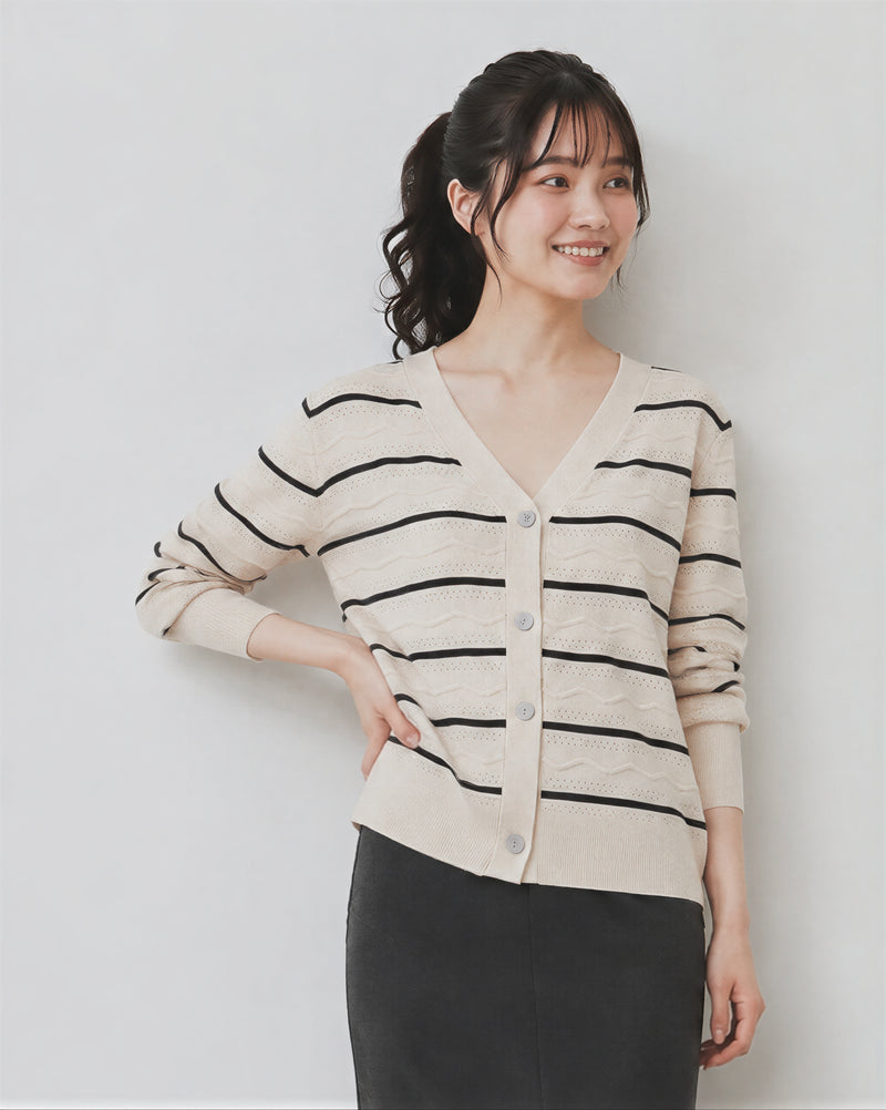 【秋新作】S~2XL Vネック ボーダー 透かし編み ニットカーディガン
